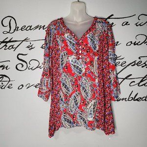 Red Paisley 3/4 Sleeve Printed Tunic, 2X